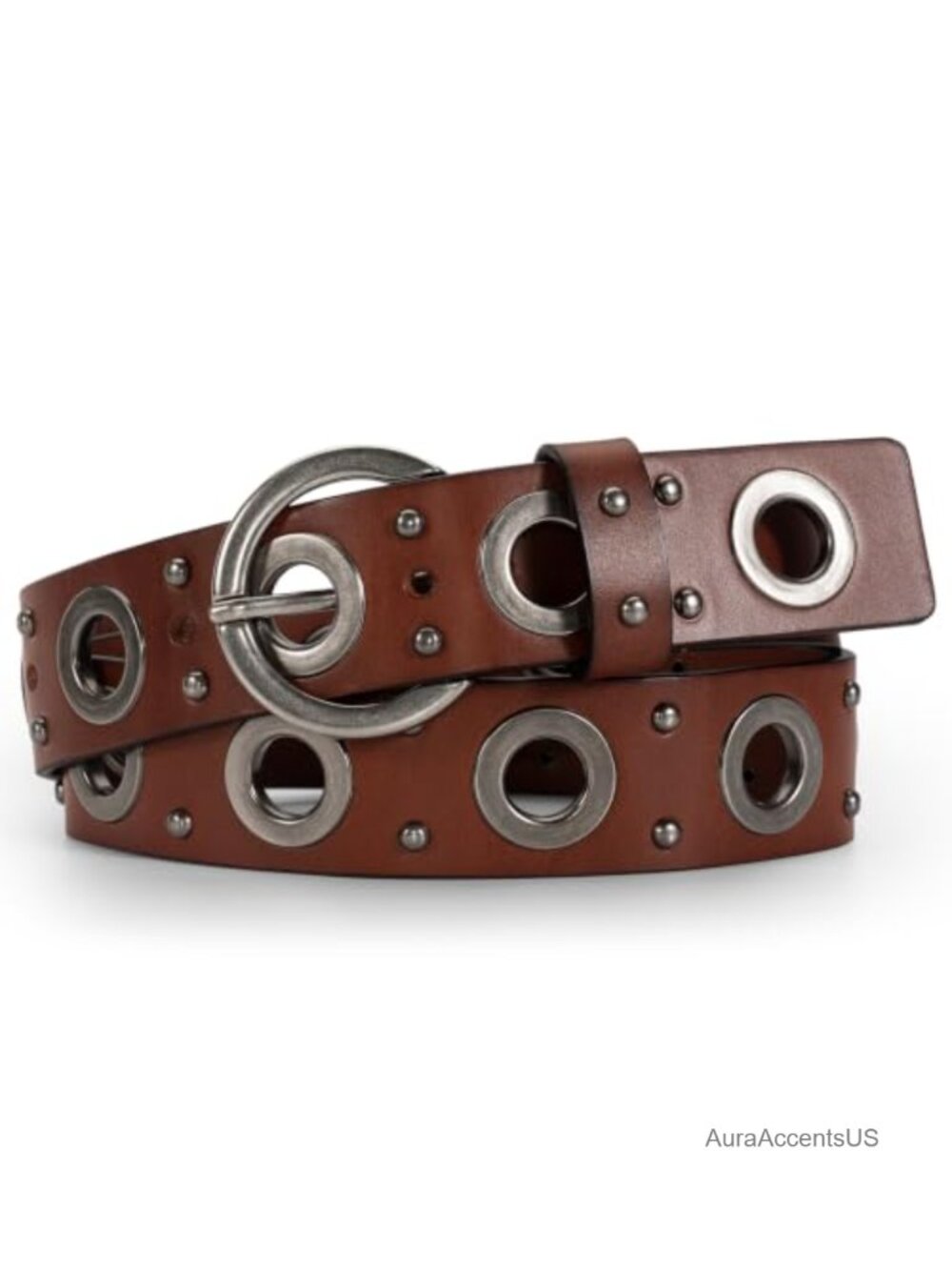 Genuine Leather Belt 1.5" Chunky Silver Ring Studded Y2K Punk Biker Hardware